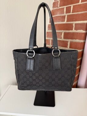 Authentic Gucci Black GG Canvas Tote with Leather Straps